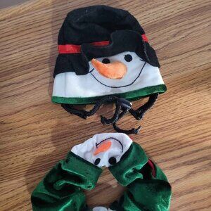 Fun Dog Cat Costume Snowman Hat Neck Scrunchie Tag Small Sized Green White Black